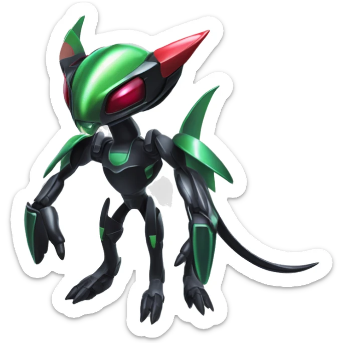 a shiny metallic black Genesect-Flygon-Raptor-Fakémon-Medabot-hybrid with a futuristic visor-helmet full body sticker