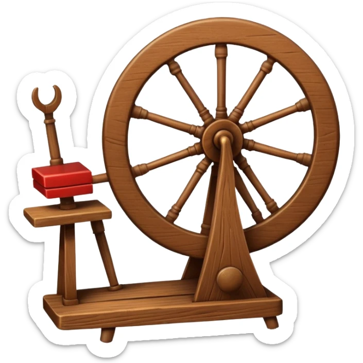 I want a traditional spinning wheel, with the wheel on the right or left and the flyer on the opposite. Shown from the side. sticker