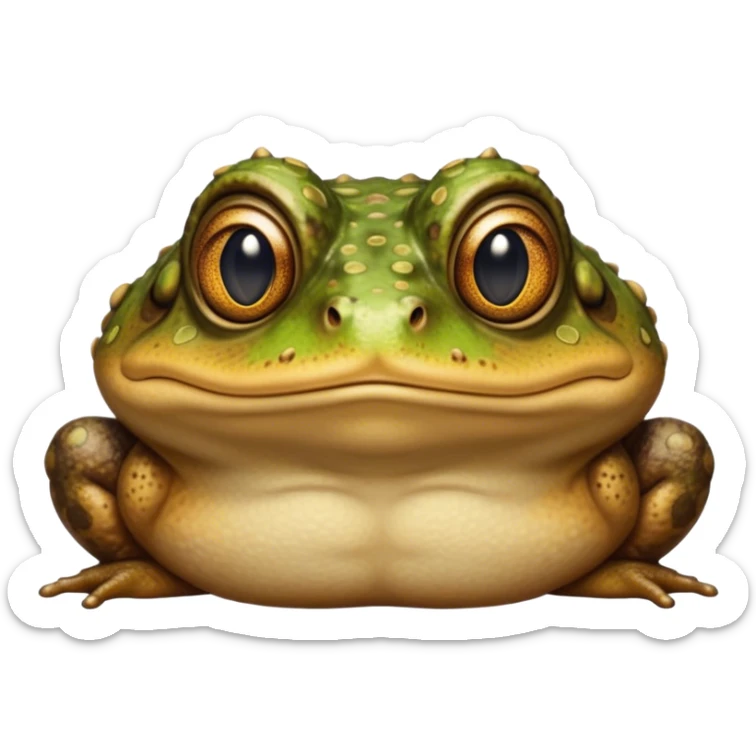 Cinematic Noble Toad Portrait Emoji, Poised and earthy, with a stout, robust build covered in textured, warty skin in warm, natural tones and deep, observant eyes, Simplified yet sharp and sophisticated features, highly detailed, glowing with a soft, natural mossy glow, high shine, intelligent and grounded, stylized with an air of rustic authority, focused and steady, soft glowing outline, capturing the essence of a watchful amphibian guardian that appears ready to leap out of the screen with effortless command! sticker