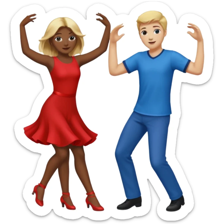 Two people dancing, one wearing red with blond hair and one wearing blue with brown hair and dark skin sticker