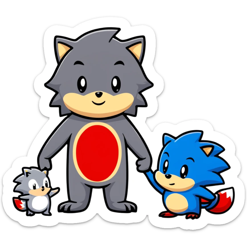 Sonic the blue hedgehog, Shadow the black and red hedgehog, and baby Silver the white hedgehog holding hands together in a line sticker