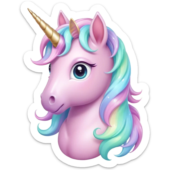 Cinematic pastel-colored unicorn, flowing iridescent mane, big sparkling eyes, tiny rounded hooves, soft chubby cheeks, delicate magical glow surrounding, enchanting and dreamy. sticker