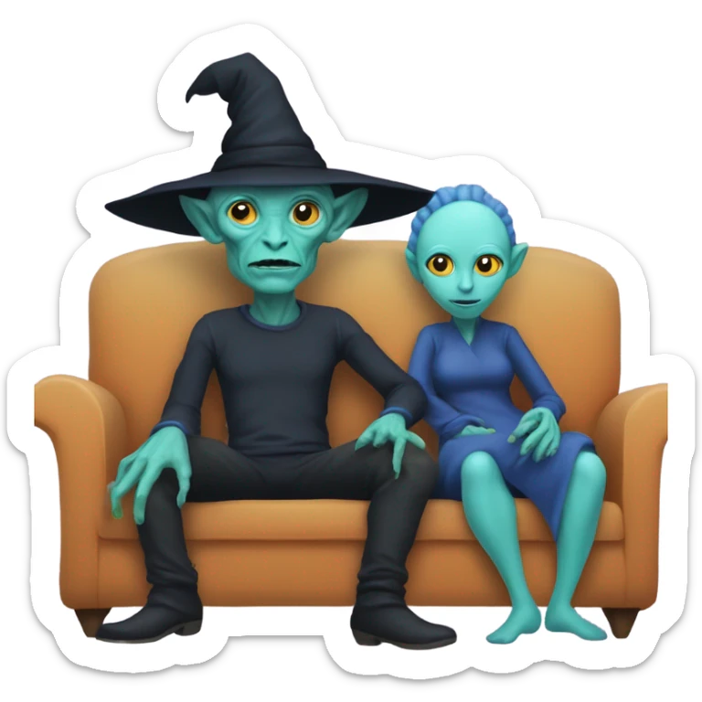 alien reptilian woman  as witch, humman man in blue, sitting on a couch  sticker
