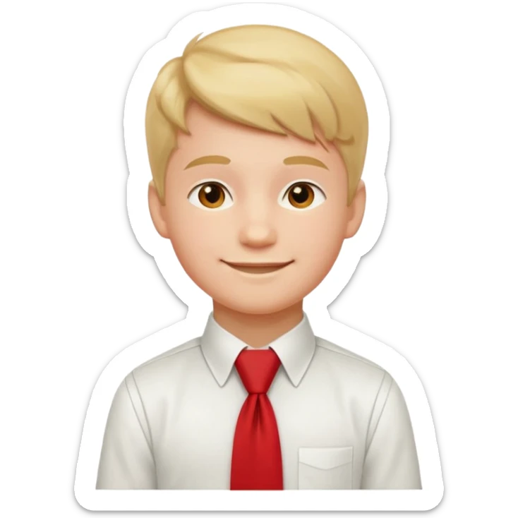 A Soviet schoolboy emoji — smiling young boy wearing a white shirt and a bright red pioneer necktie (scarf) neatly tied around his neck. No hat or headwear. Flat minimal emoji style with clean lines, simple colors, friendly expression, Apple emoji aesthetic. sticker