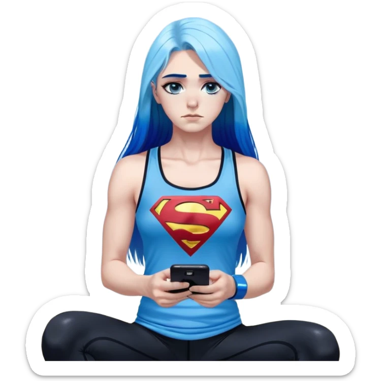 Shameful and disappointed and crying-very very very very big chest-texting on a samsung cell phone-very long straight flowing black to sky blue hair ombre-blue eyes-black eyeliner-long eyelashes-iridescent sky blue very low cut tank top with sparkling superman logo-black leggings-nike sneakers sticker