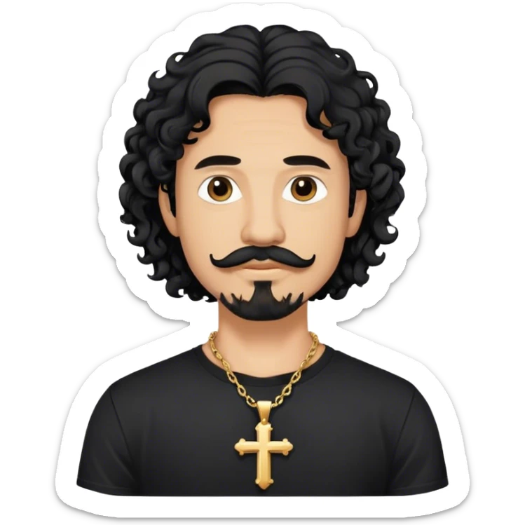 Long curly black hair guy, goatee and mustache with a cross neckless and a black tshirt sticker