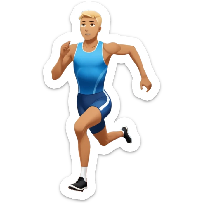 An icon symbolizing The background with track of a large stadium with cheering crowds, a digital timer, and a clear blue sky. professional running: a dynamic sprinting athlete in motion on a track, leaving motion lines behind. Transparent background emphasizes speed, endurance, and competition.  sticker