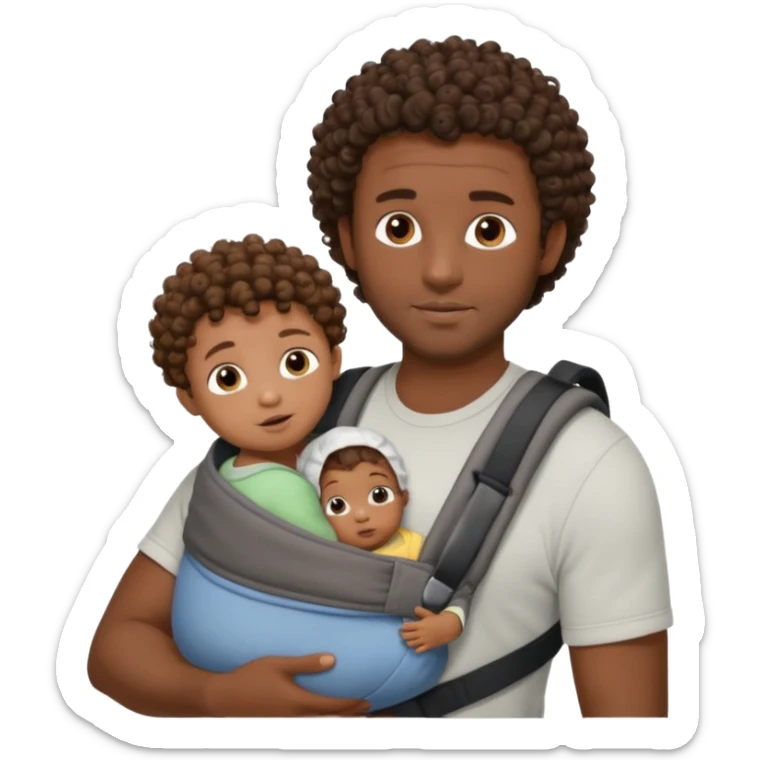 Very dark skinned black dad with brown curly haired baby in carrier, babies back of head only visible because face is on dad's chest. Dad has model like features sticker