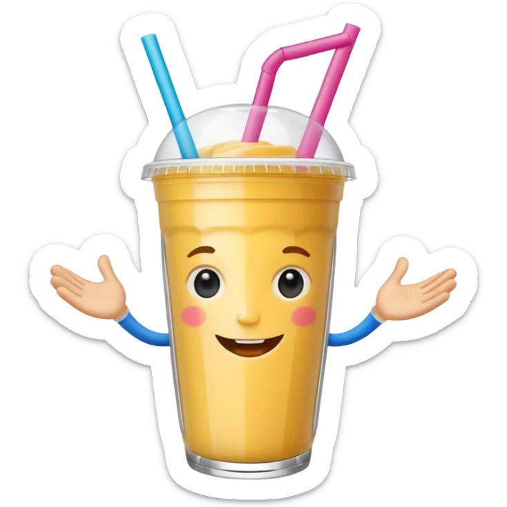 un vector de vaso de batido animado, de caricatura, con tapa y pitillo, que tenga brazos y piernas, cara tierna y que inspire confianza y amabilidad sticker