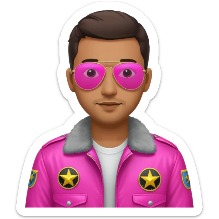 1980s cool man with stubble wearing reflective neon pink aviator sunglasses and a pilot topgun jacket sticker