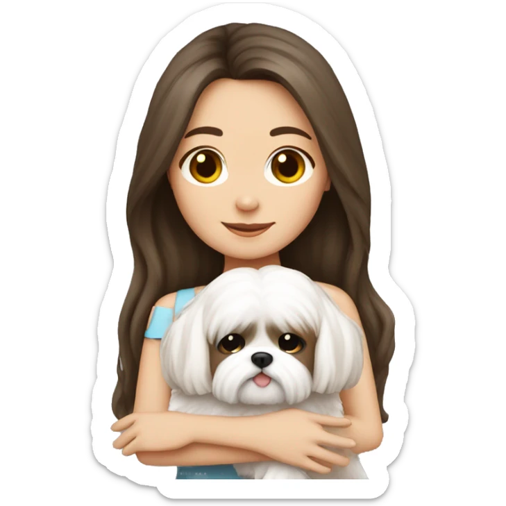 Brunette girl long hair, hugging her white Shih tzu sticker