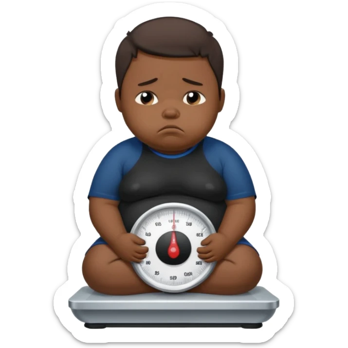 sad fat young boy in black t shirt on weight scale crying because sadness sticker