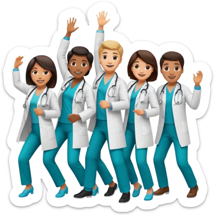 doctors in white coats of different ethnic background and both sexes dancing / doing cardio sticker