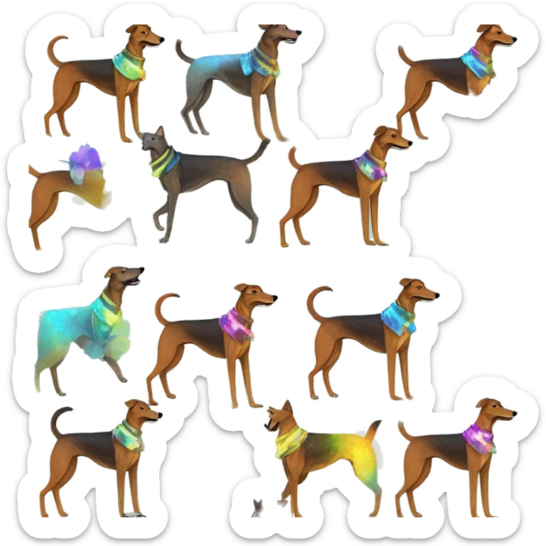  brindle brown black maroon gold lurcher Alsatian fox running blue eyes and iridescent holographic oilslick harness wearing paper iridescent tropical flower crown yellow caution tape sticker