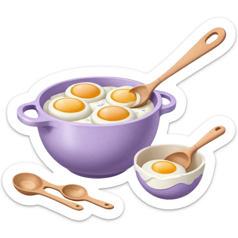 a lilac ceramic mixing bowl with a wooden spoon stirring and sitting next to it is a dozen eggs with the carton lid open sticker