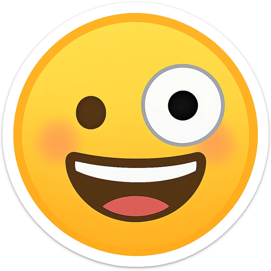Make this a classic smiley yellow circled emoji with one large and one small eye, in the style of Emojipedia. Keep the background transparent. sticker