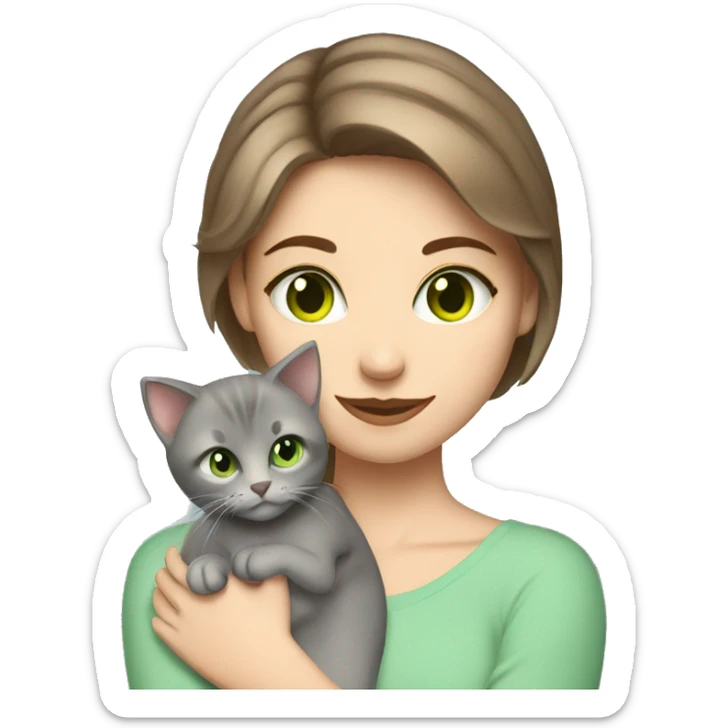 blue eyes grey kitten hugging brown short hair green eyes woman sticker