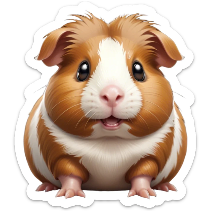 Cinematic Comical Brown and White Banded Guinea Pig Portrait Emoji, Head tilted dramatically with an exaggeratedly amused expression, featuring a striking fur with bold brown and white banding, wide, expressive dark eyes filled with playful disbelief, Simplified yet hilariously expressive features, highly detailed, glowing with a slightly sassy glow, high shine, dramatic yet playful, stylized with an air of cheeky mischief, bright and endearing, soft glowing outline, capturing the essence of a spirited and over-the-top guinea pig, so meme-worthy it feels like it could side-eye its way into internet fame instantly! sticker