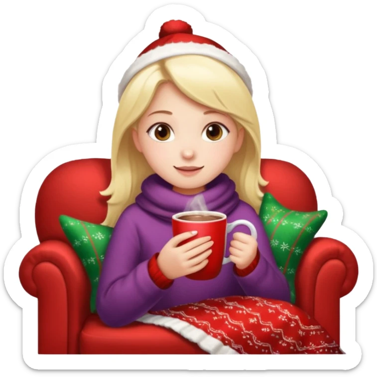 Girl celebrate christmas on the sofa, with hot chocolate, warm sock, warm blanket sticker
