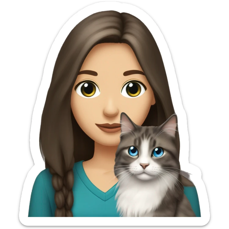long straight haired blue eyed brunette woman holding norwegian forest cat with amber eyes sticker