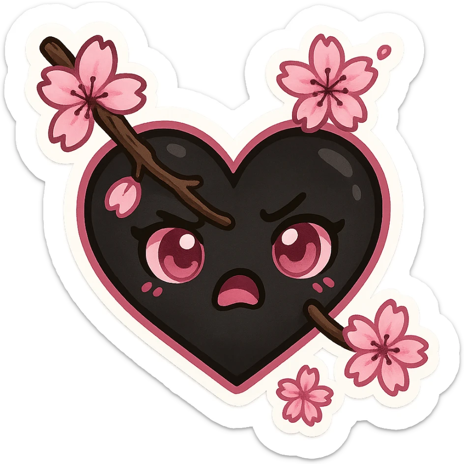 goth sakura heart, heart pierced by sakura branch, black and pink, expressive and fun sticker