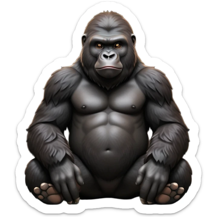 cinematic-gorilla-realistic-full-body-sitting-emoji,-exuding-strength,-thick-dark-fur-in-the-light,-head-tilted-dramatically,-deep-dark-eyes-filled-with-intense-intelligence,-simplified-yet-realistic-focused-features,-highly-detailed,-glowing-with-an-almost-sarcastic-glow sticker