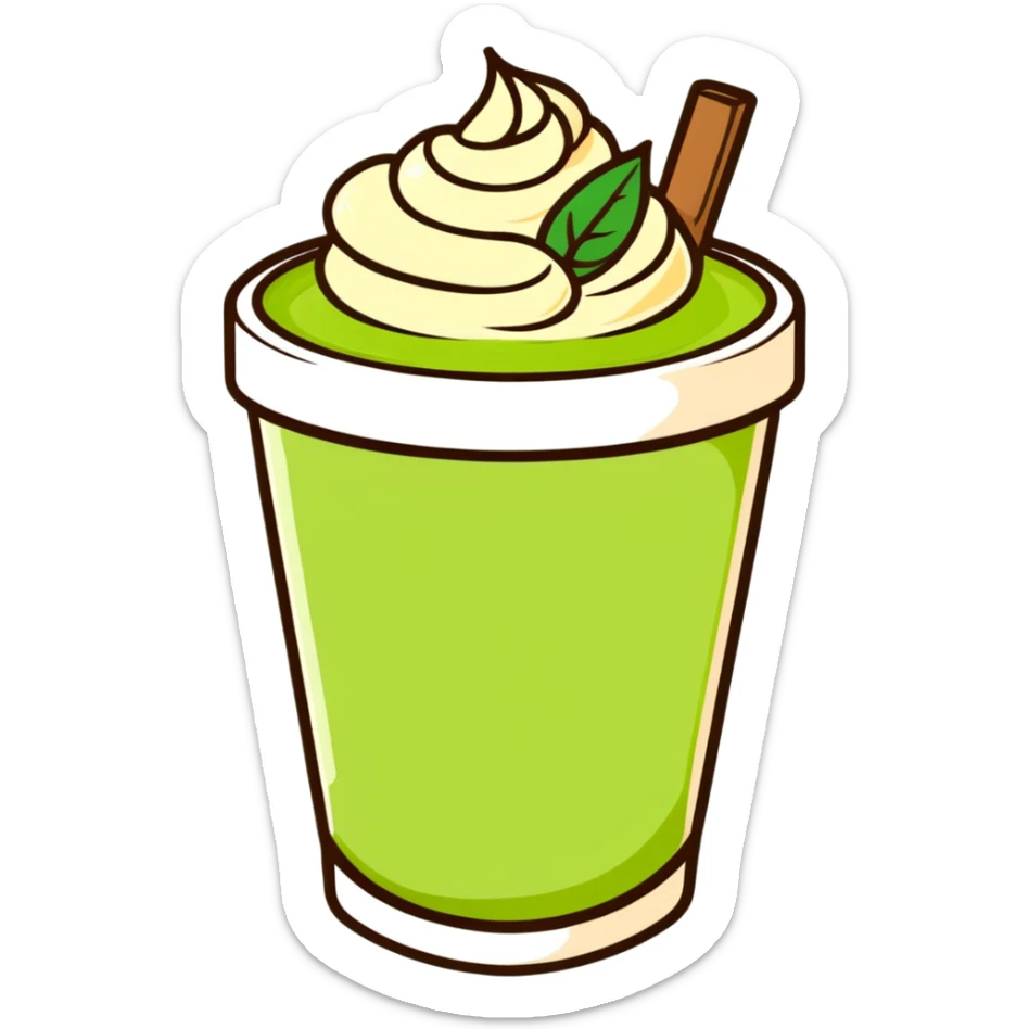 matcha latte in warm olive-brown tones with leaf detail, soft dreamy illustration sticker