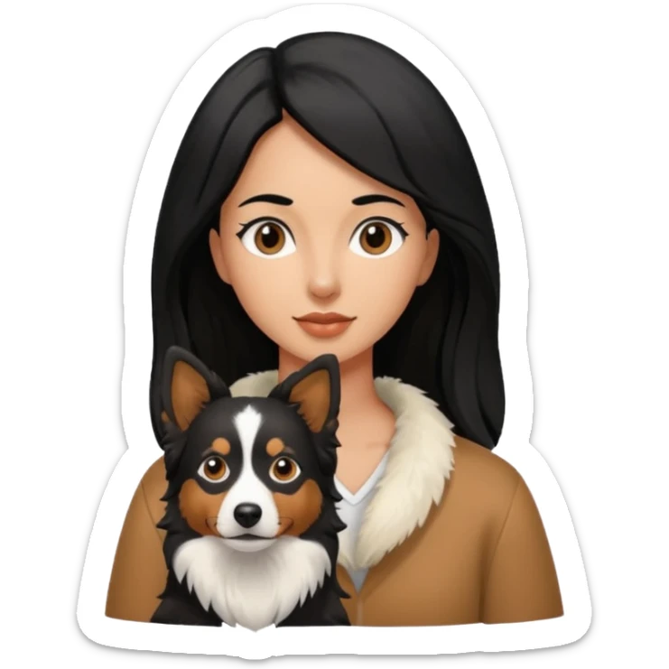 woman black hair with border collie brown and white sticker