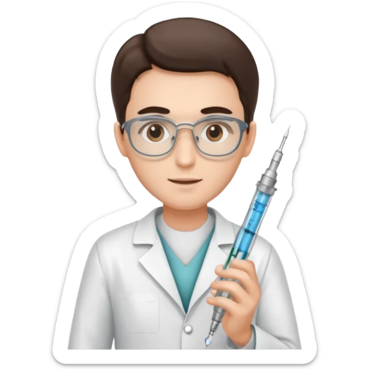 doctor of medicine holding very big syringe sticker