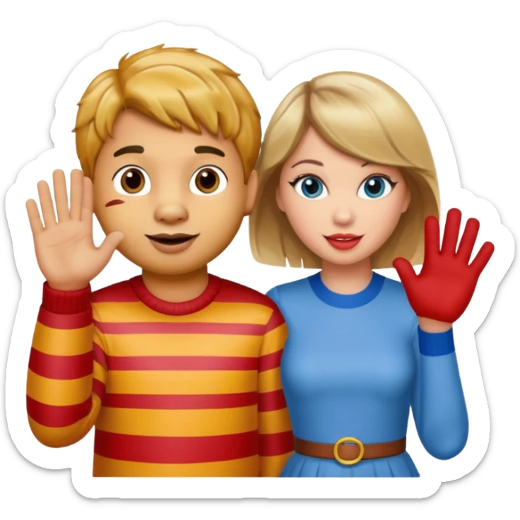 Daniel Tiger and Taylor Swift together, waving, colorful and playful 2D emoji style sticker