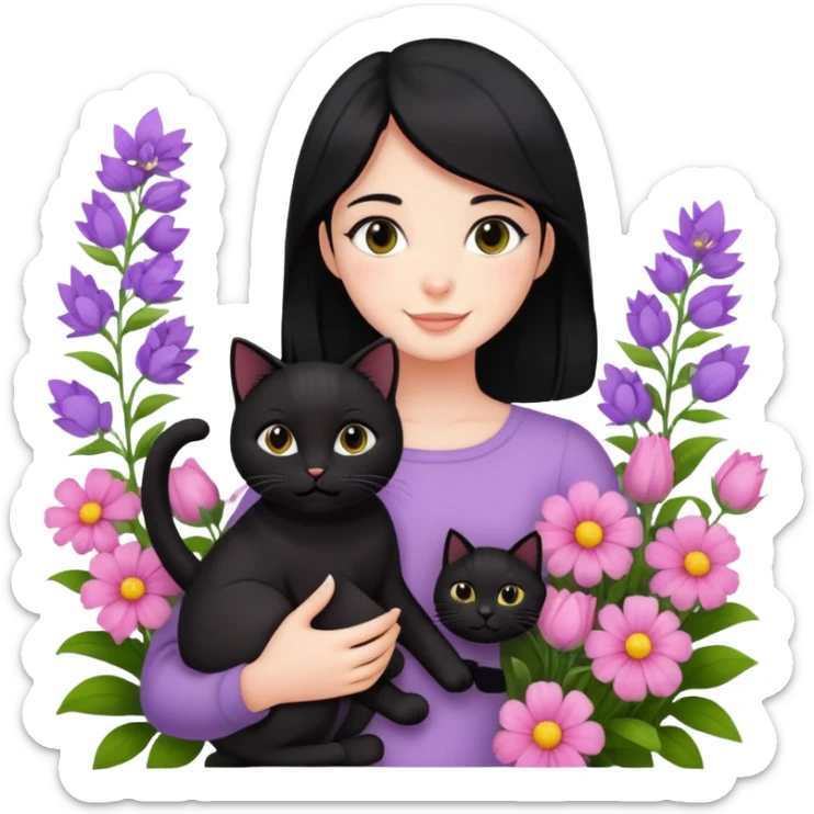 A black-haired girl happily holds a black cat in the flowers sticker