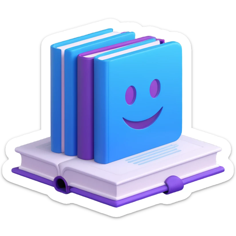 Playful 3D book emoji, blue and purple glossy cover, rounded corners, floating at a slight angle, soft shadow, kawaii style, vibrant and smooth, minimalist and clean, thick pages on side, transparent background, isometric, Icons8 3D style, professional yet friendly sticker