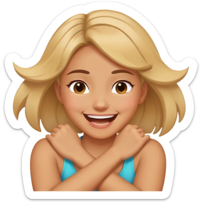 girl with crossed arms holding neck laughing with crosses out eyes sticker