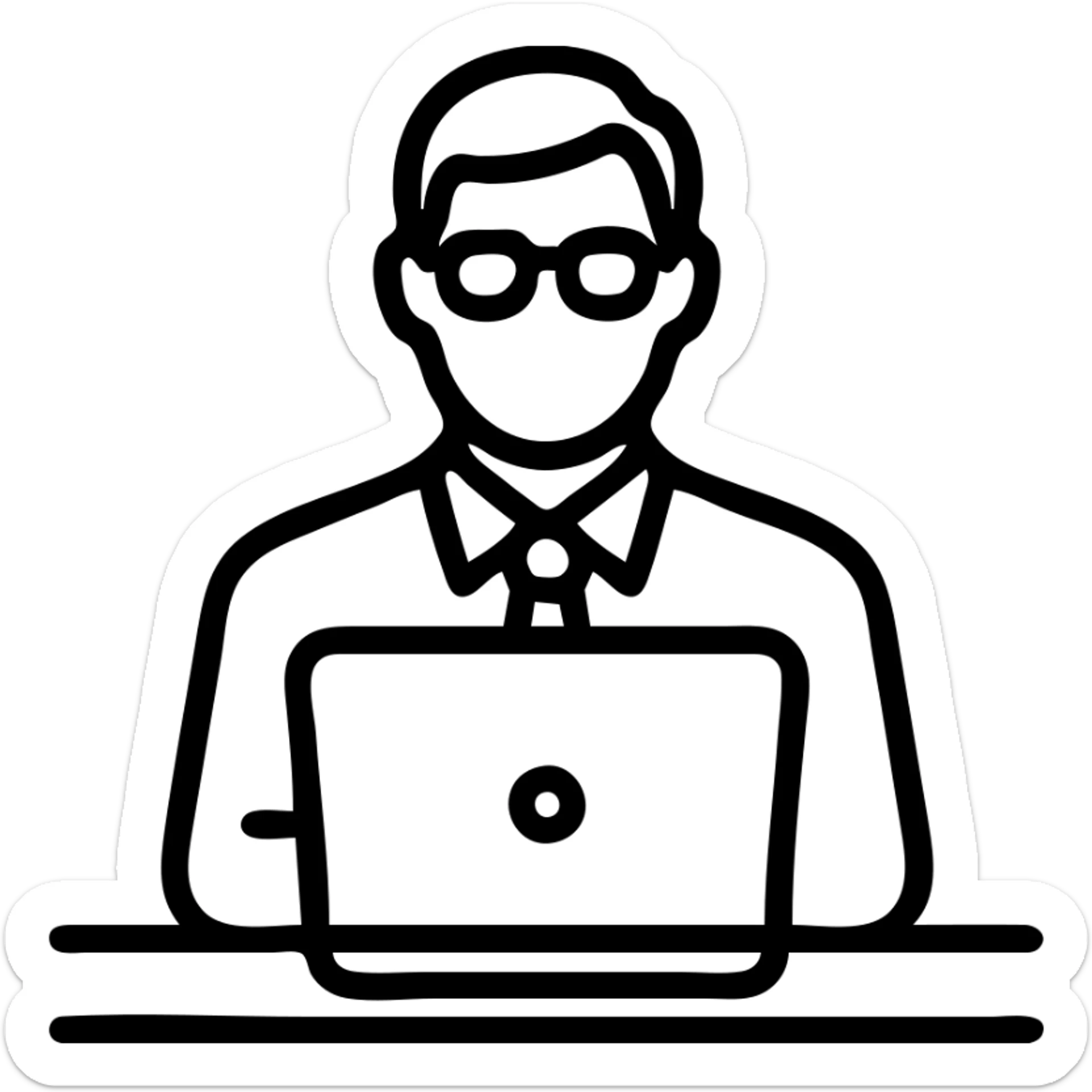 A 35-year-old male business coach sitting at a desk with a laptop sticker