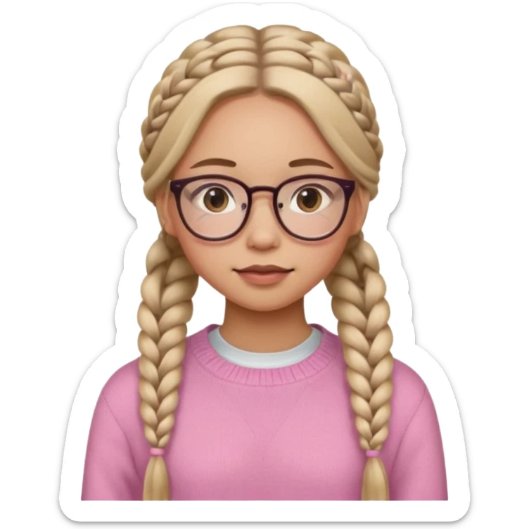 black cute young adult girl with classes and braids that are long , and some blush, in a pink sweater  sticker