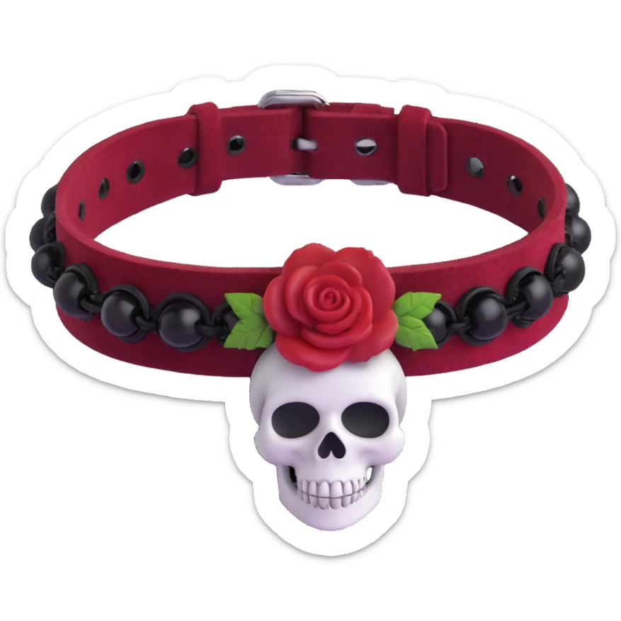 gothic bracelet with crimson velvet band, black skull charm, deep red rose accent, dramatic and gothic sticker