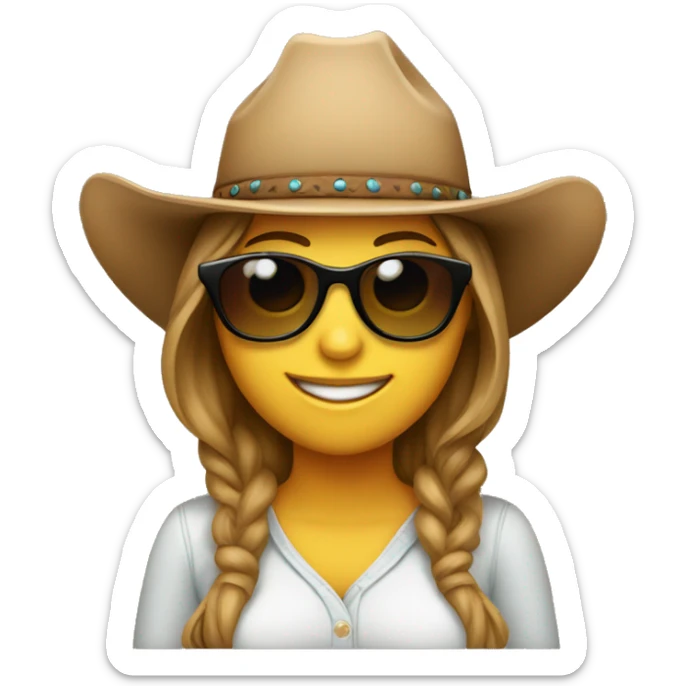 A pregnant woman facing forward and smiling while wearing sunglasses and a cowboy hat sticker