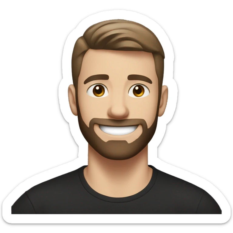 22 years old white Young man, with a really dark brown short crew cut, and a faded medium dark brown beard, smiling really happy, and muscular but with a black t shirt on sticker