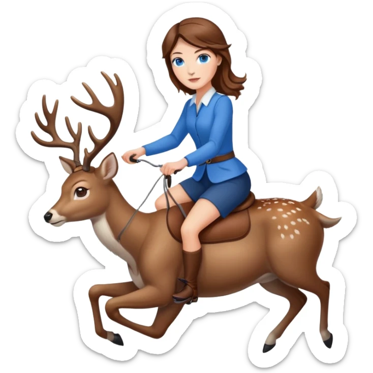A white woman with brown hair and blue eyes in riding a deer sticker