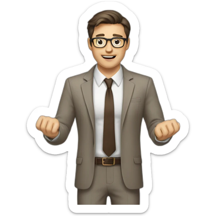 To belt Actively gesturing with hands Pale skinned fit man with dark brown hair in gray jacket, beige office shirt, brown tie, brown pants and vintage glasses. sticker
