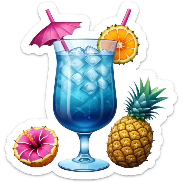 vibrant tropical fruity blue cocktail with hibiscus, pineapple and orange garnishes sticker