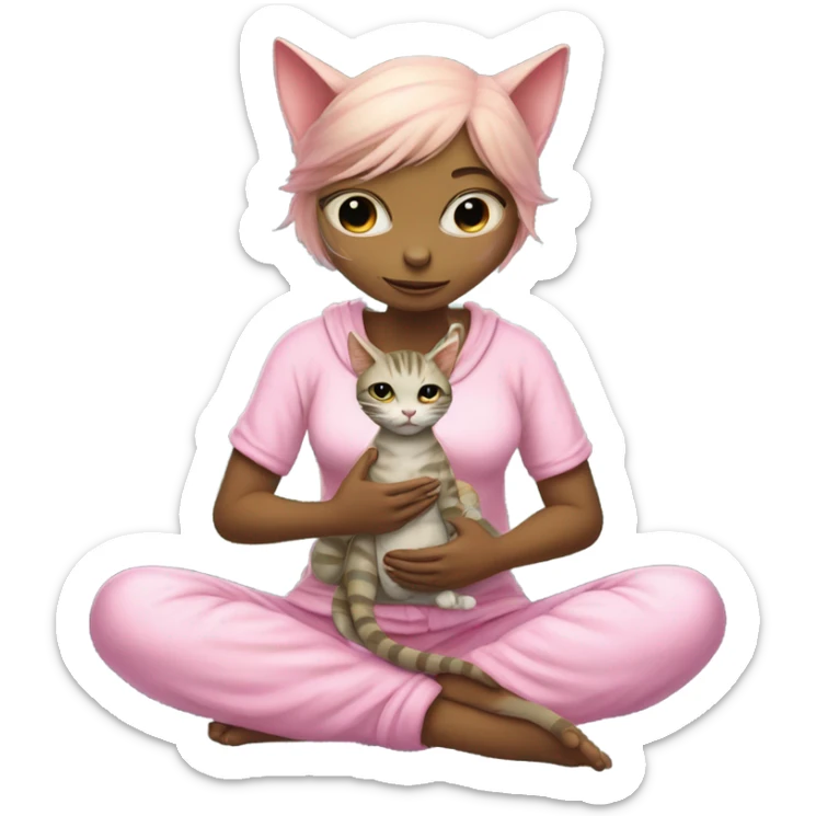 a Reptilian alien woman,in meditation, in pink pajamas, hugs a tabby cat sticker