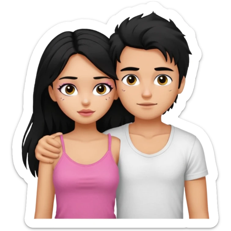 generate a pretty tan bratz boy with messy black hair wearing a white tshirt. Hugging a fair girl with long black hair, eyeliner, wearing a pink cami.  sticker