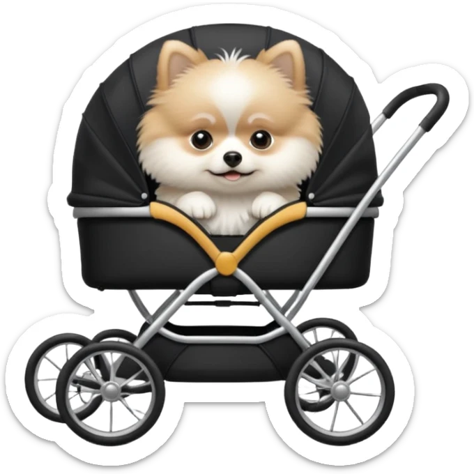A white Pomeranian dog sits in a black baby stroller. A wheelchair with a folded roof. The image quality is ultra realistic. sticker