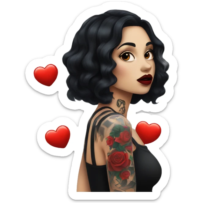 Pale black haired girl with black tattoos on body wearing red lipstick  sticker