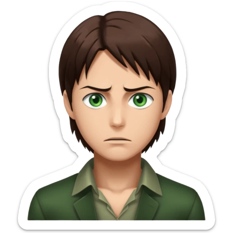 “Create an avatar that looks like Eren Yeager from Attack on Titan, Season 4 — sharp jawline, tied-back long brown hair, intense green eyes. sticker