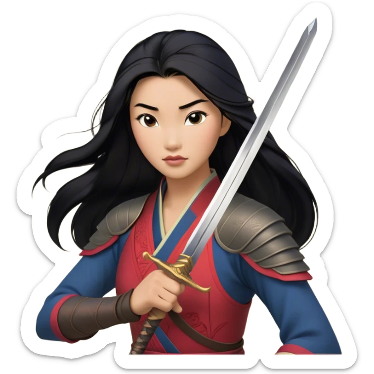 Cinematic Realistic Mulan Portrait, depicted with lifelike skin texture, soft natural lighting, and intricately detailed long black hair styled elegantly. Her deep, expressive eyes exude determination and grace, complemented by a serene yet confident expression. She stands with one hand resting on the hilt of her sword, the other by her side, exuding strength and poise. She is dressed in her classic attire, with rich fabric textures and delicate folds that catch the light beautifully. The portrait features a soft, enchanting glow with a natural, radiant finish, capturing the essence of timeless strength and beauty in a realistic and painterly style, evoking a sense of depth and authenticity. sticker