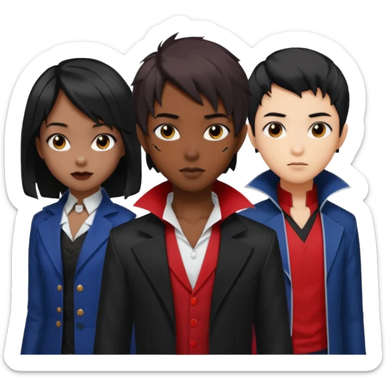 Solo poly platonic relationship, one is south African girl, one is Asian boy, one is biracial features Asian tomboy girl with anime short hair with long hair, vampire and marvel cosplay elements inspired. sticker