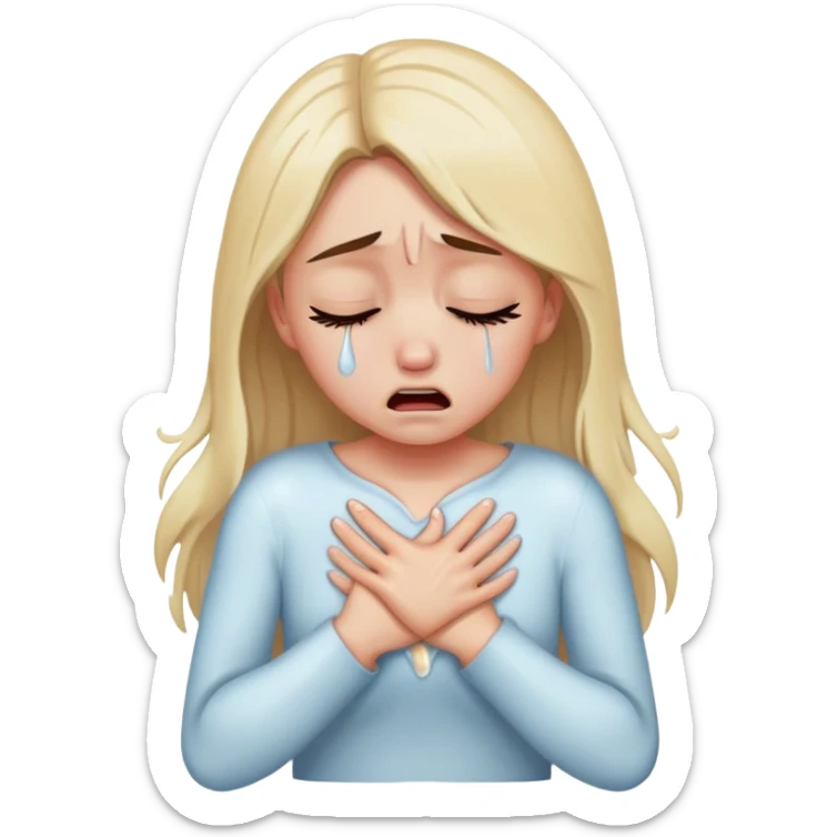 a girl crying in pain holding her chest, heartbreak, tears streaming down face sticker