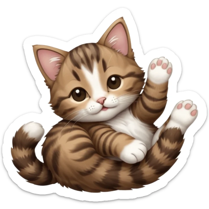 dark brown tabby and white kitten with his eyes closed whilst in funny positions stretched out and  upside down sticker